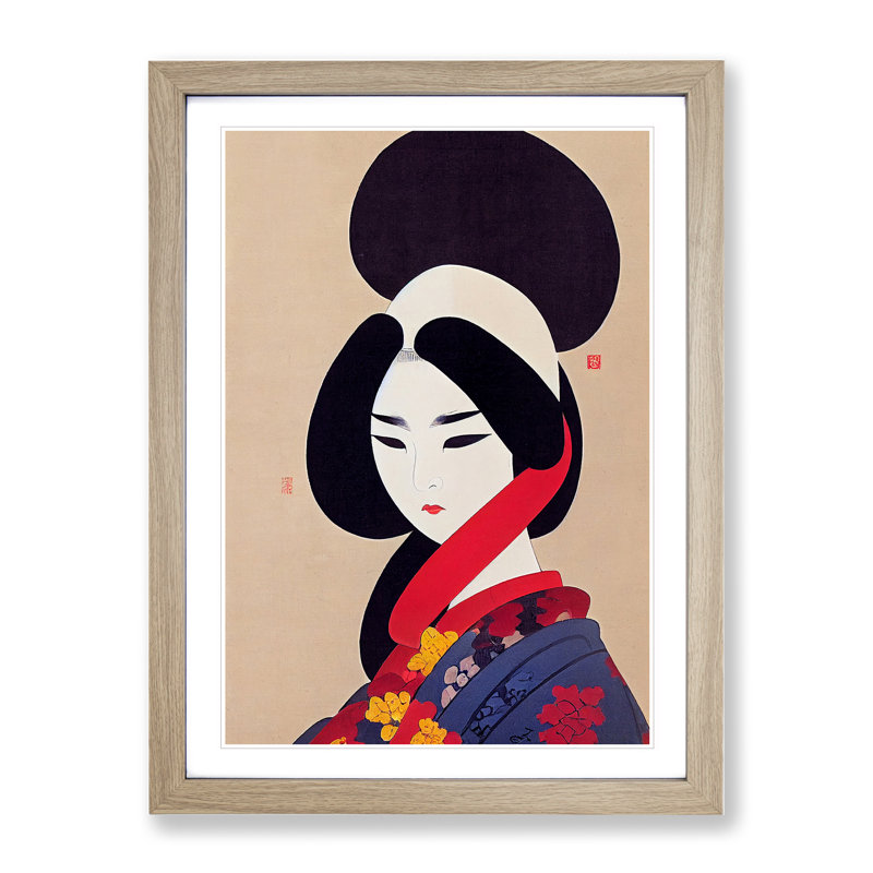 Charming Geisha - Wall Art, 66cm H x 48cm W x 2cm D, Oak Framed, White