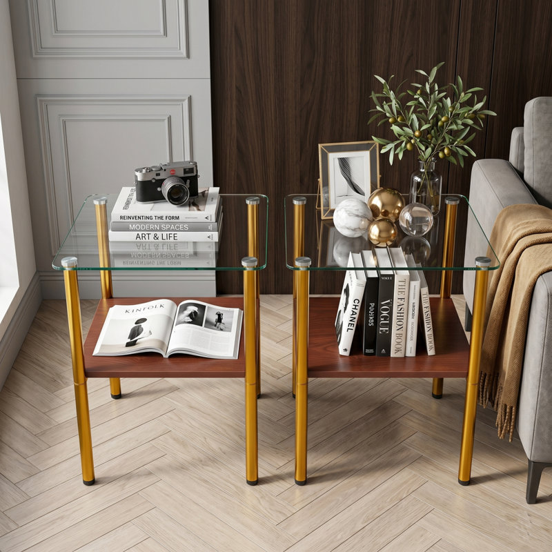 Table d'appoint moderne en verre 2 pièces, plateau de table en verre trempé, tablette de rangement en MDF et pieds en métal, table d'appoint minimaliste pour salon et chambre à coucher