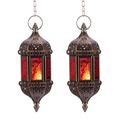2 Pcs Hanging Hexagon Decorative Moroccan Candle Lantern Holders, Handmade Hanging Tea Light Holder In Bronze Metal & Red & Purple Glass Gift & Decor Items