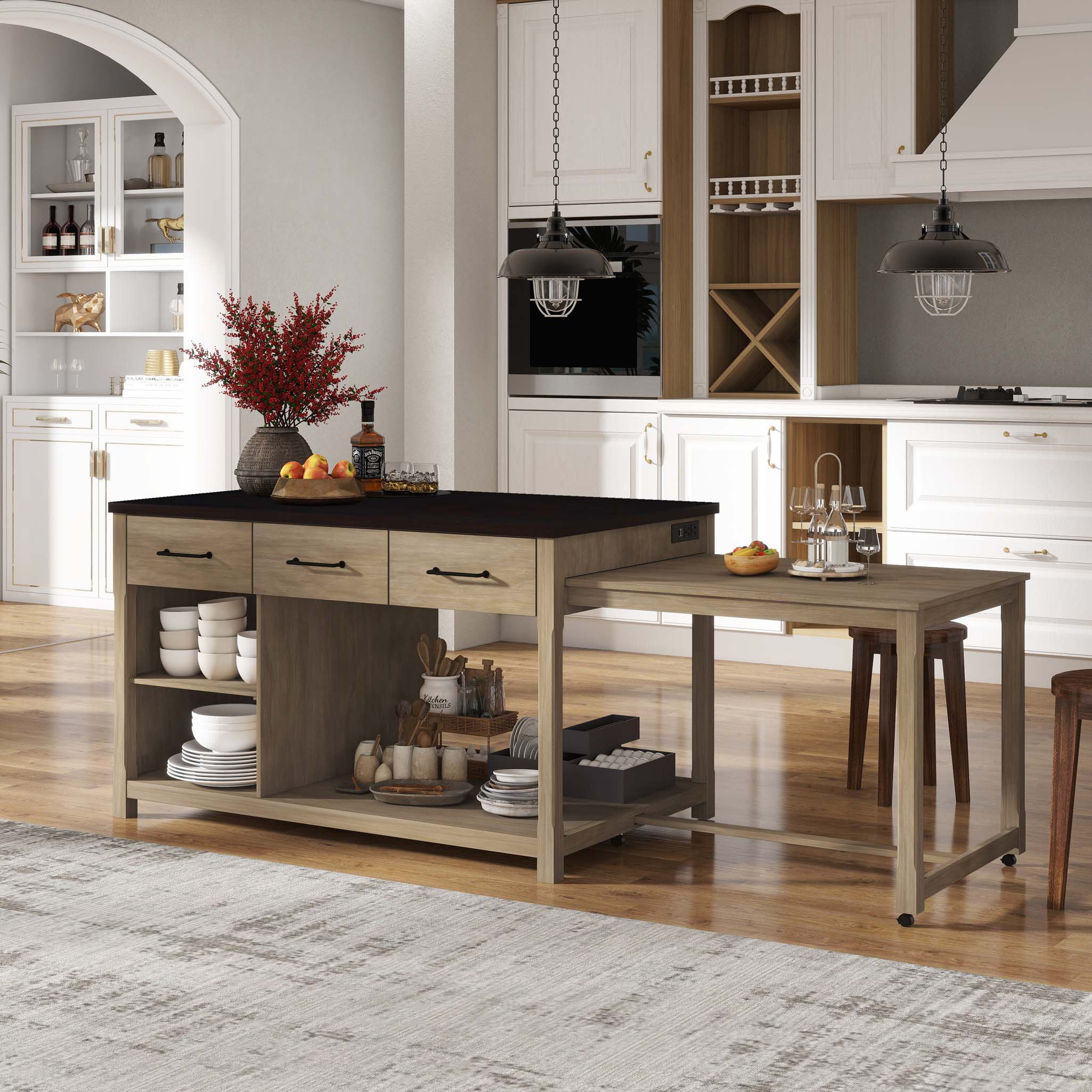 Lark Manor Extendable Kitchen Island with Storage, Multi-Functional ...