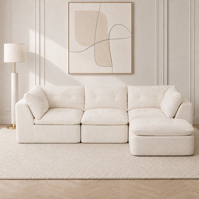 Canapé modulaire de 112 po avec repose-pieds, chenille, sans assemblage, blanc, Blanc