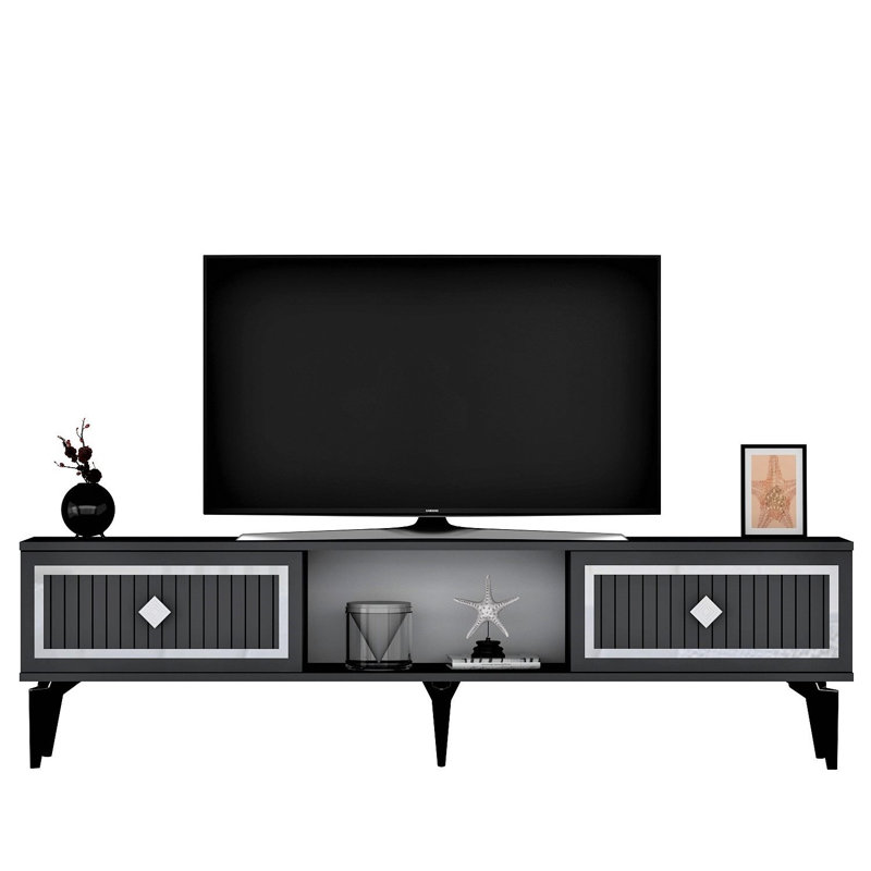 Meuble télé Catena, anthracite et argent, de 59,1 po x 17,6 po x 11,6 po Catena | 100% panneau de particules enduit de mélamine, épaisseur: 0,7 pouce | Design élégant avec hauteur des pieds de 19,0 pouces | Parfait pour les salons et les espaces de divertissement