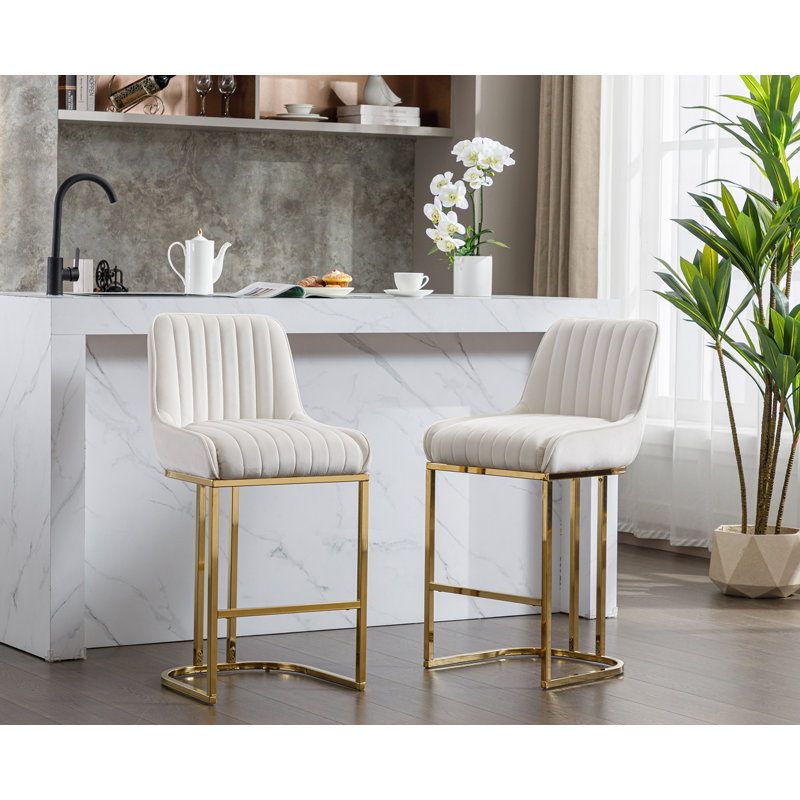 Beige Velvet Upholstered Counter Stools with Gold Metal Base, Set of 2