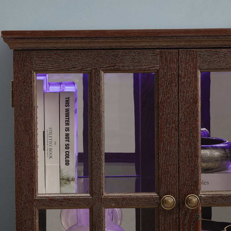 Bibliothèque, vitrine à DEL avec tablettes réglables et portes en verre, Cerisier
