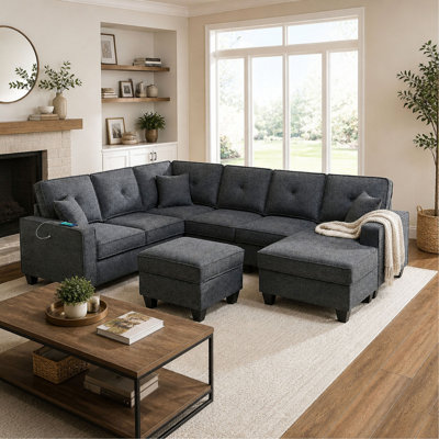 Ensemble de canapé d'angle 5 pièces en chenille avec canapé deux places à accoudoirs gauche et droit, élément de coin, pouf et port USB pour salon