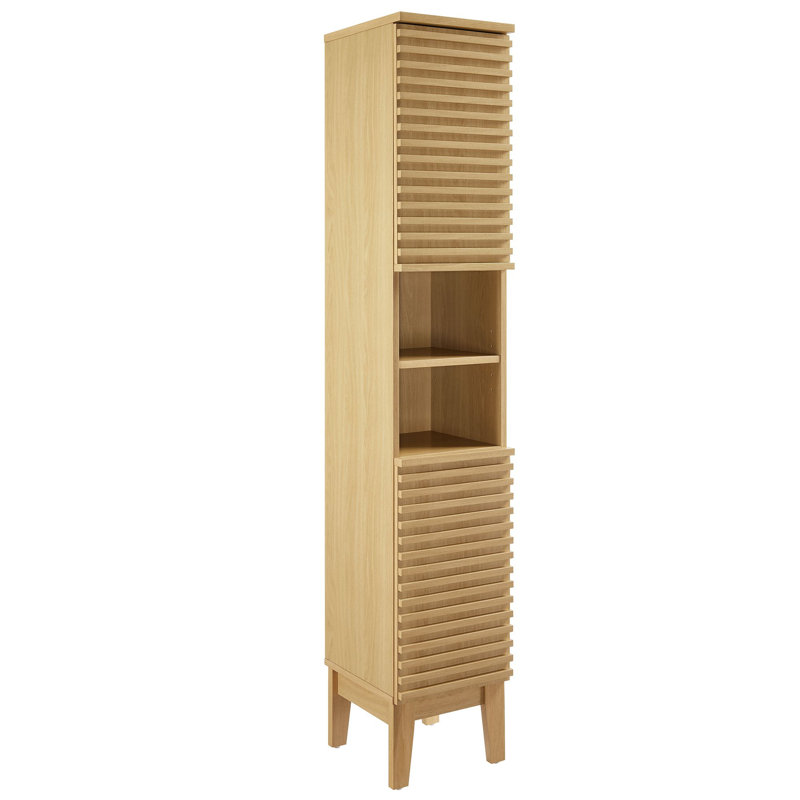 Tall Oak Bathroom Storage Cabinet with Adjustable Shelving