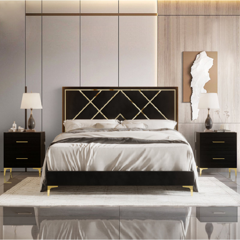 Lausyn Upholstered Standard 3 Piece Bedroom Set, Black, Full