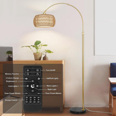 Lampes de sol en arc Aneatra pour le salon avec 3 températures de couleur, lampe sur pied noire avec télécommande et ampoule à DEL à intensité variable, lampe sur pied en rotin Boho, lampe campagnarde haute pour chambre à coucher, lampe de lecture 