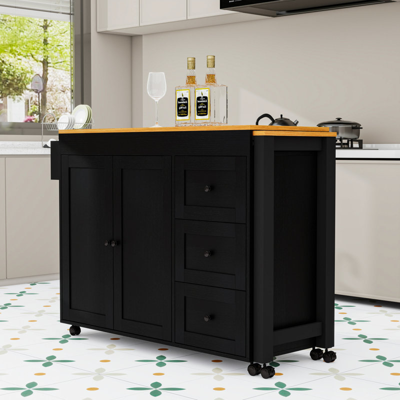 Chariot roulant pour îlot de cuisine avec table extensible, 3 tiroirs, armoire de rangement et prise de courant, Noir