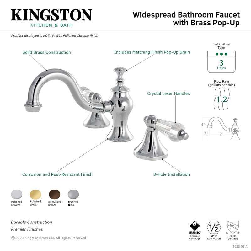 Kingston Brass Wilshire Two-Handle 3-Hole Deck Mount Widespread Bathroom Faucet with Brass Pop-Up Drain, Polished brass
