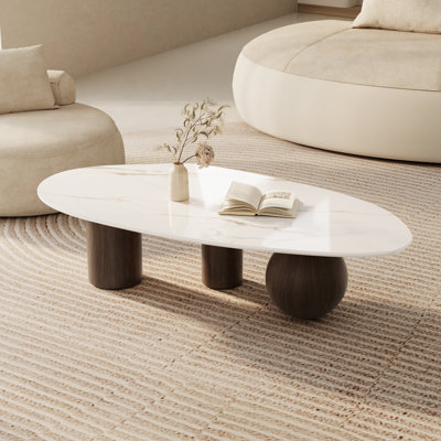 Laylla Modern 54" Coffee Table, Sintered Stone Table-top, 3 Stainless Steel legs, Free form