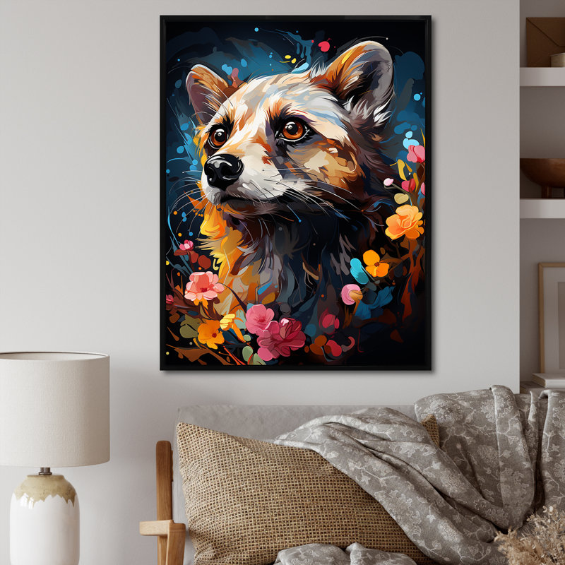 Yellow Dog Floral Meadows - Art mural chien, H 32 po x l 16 po x P 1 po, Cadre flottant noir