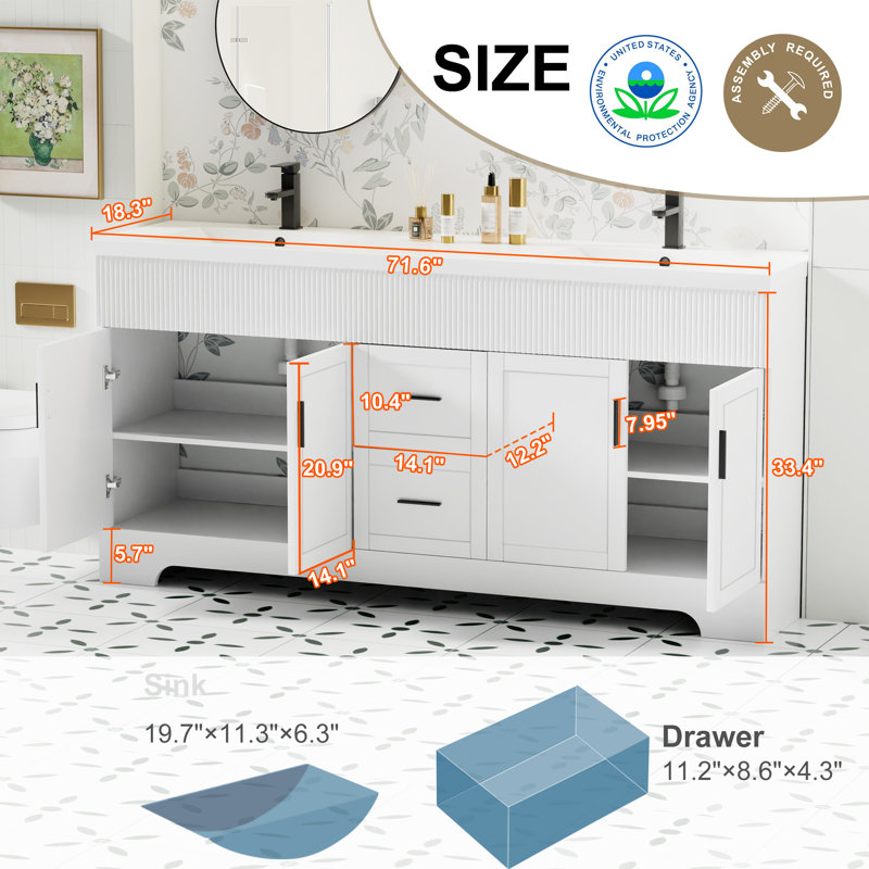 Breonica 72" Freestanding Double Sink Bathroom Vanity Set With Resin Top, Hand-painted, Assembly Required, White