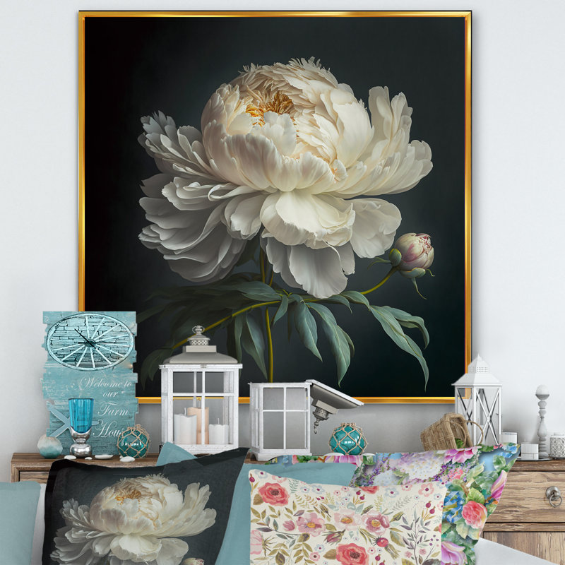 Blooming White Peony V - Art mural pivoine, H 36 po x l 36 po, Toile avec cadre flottant, Doré