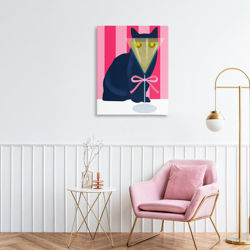 Chat et martini sur toile rayée, design par Lil 'Rue, H 20 po x l 16 po