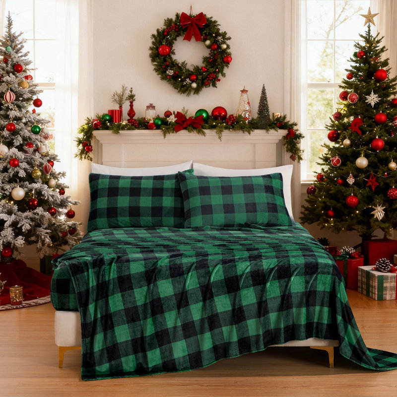 Soft Fleece Sheet Set, Twin Sheet Set with 1 Pillowcase, Green Plaid