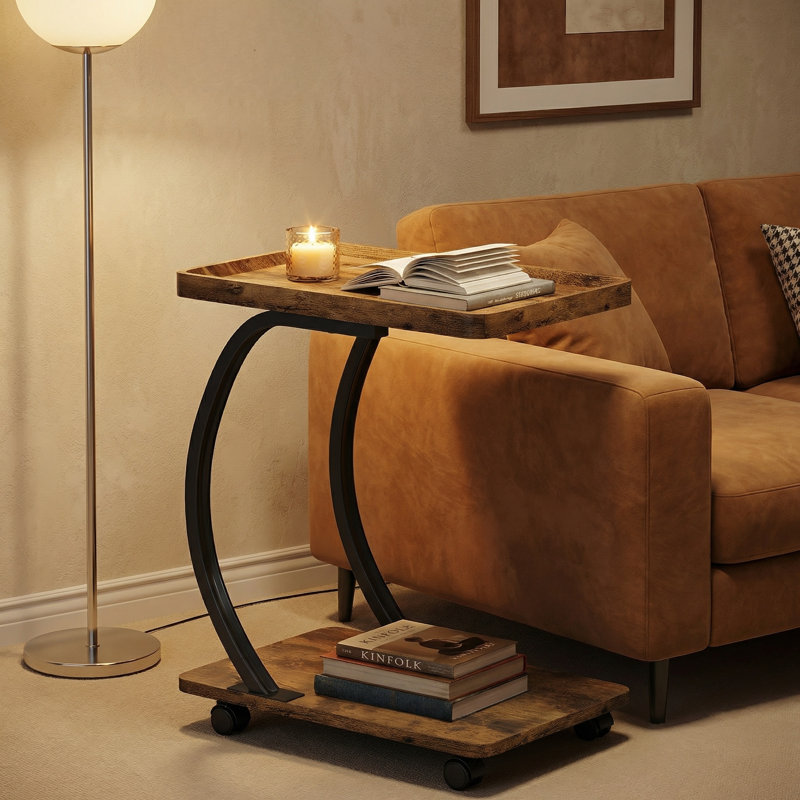 Table de bout en C avec roulettes, table d'appoint industrielle avec structure en métal robuste pour les petits espaces, salon et chambre à coucher