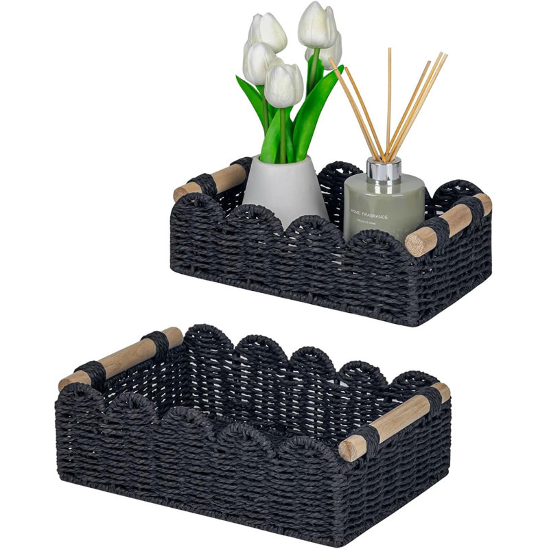 Set Of 2 Small Black Scalloped Edge Paper Rope Baskets