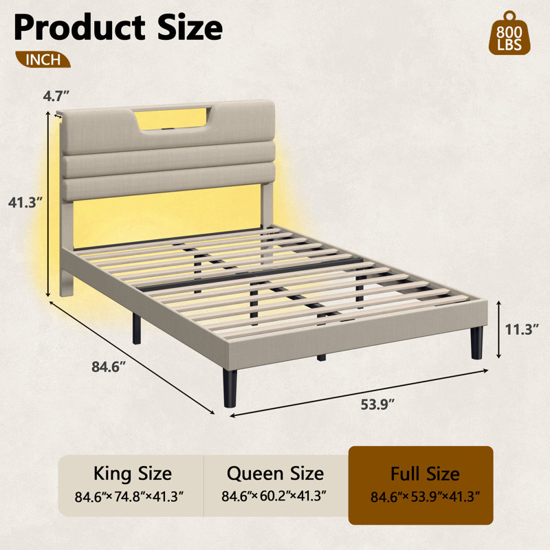 Bed Frame With Charging Station, Led Lights, Upholstered Headboard, Full, Beige