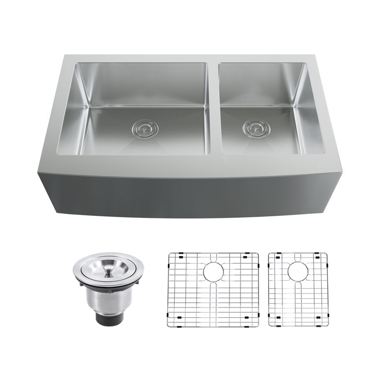 Dowell 35-7/8" L x 20-3/4" W Handcrafted Apron-Front Farmhouse Undermount Kitchen Sink 16 Gauge Stainless Steel 10" Depth Double Bowl With Grid Strainer