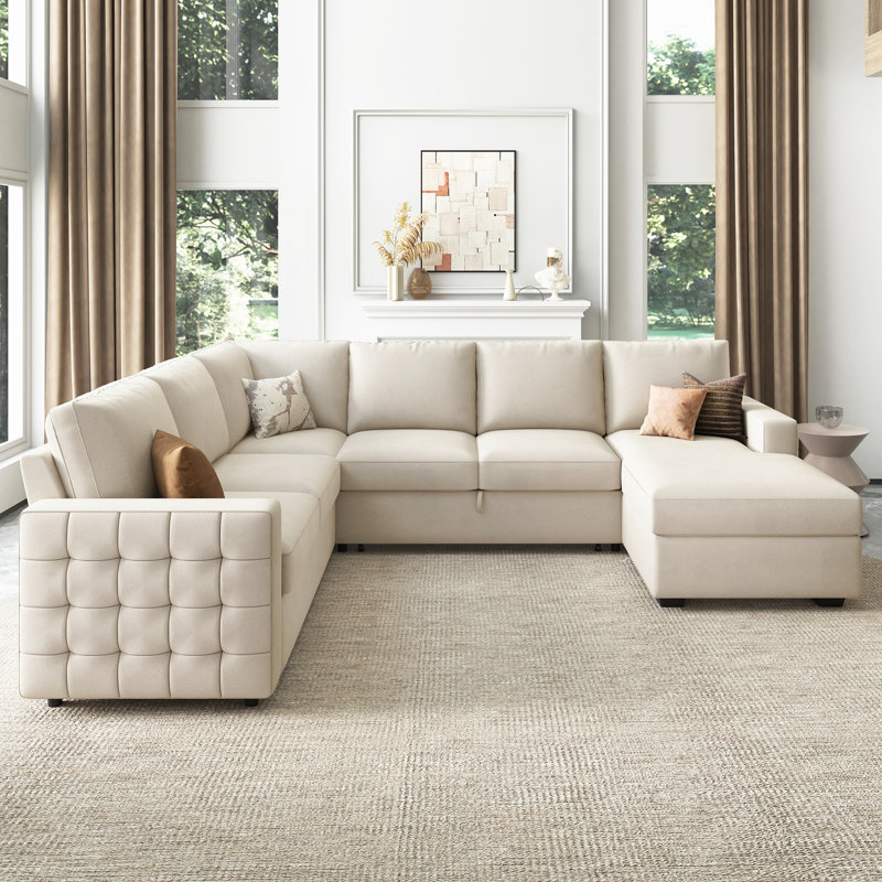 Hildur U-Shaped Sectional Sofa Bed Pull Out Sleeper Couch With Storage Chaise, Beige Velvet