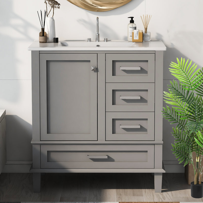 30 in. Grey MDF Freestanding Single Sink Bath Vanity with White Ceramic Top