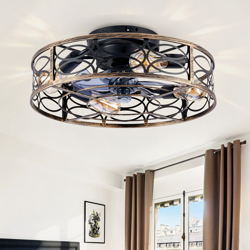 Ventilateurs de plafond encastrés 20 po avec lumières et télécommande, Noir et or