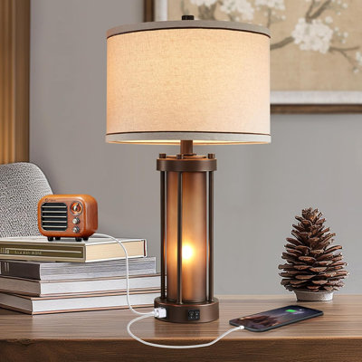 Lampes de table de ferme avec ports de charge USB A + C et prise de courant, lampe industrielle rétro en métal avec veilleuse en verre à DEL et abat-jour en tissu pour le salon