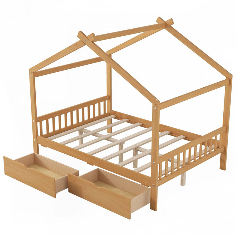 House Platform Bed with Two Drawers, Natural