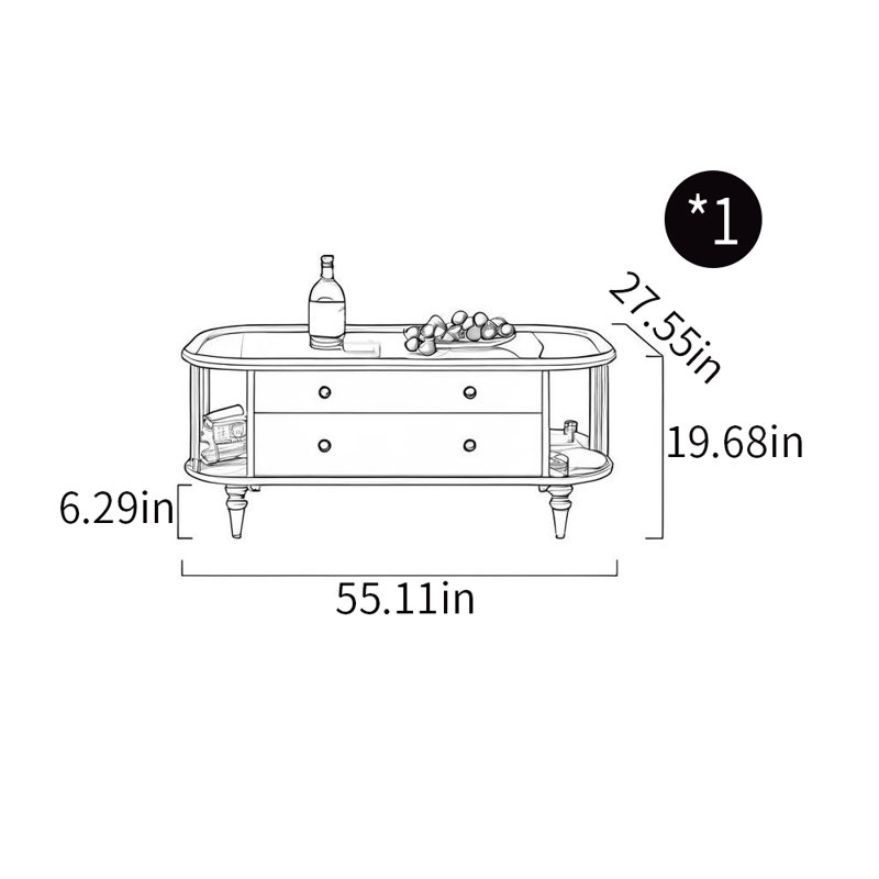 Table basse de style américain, H 19,68 po x L 55,11 po x l 27,55 po