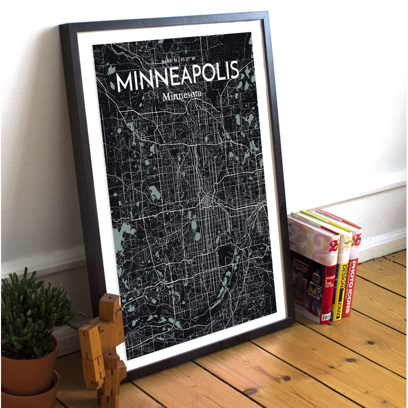 « minneapolis city map », reproduction d’impression sur affiche en minuit, H 24 po x l 18 po x P 0,05 po
