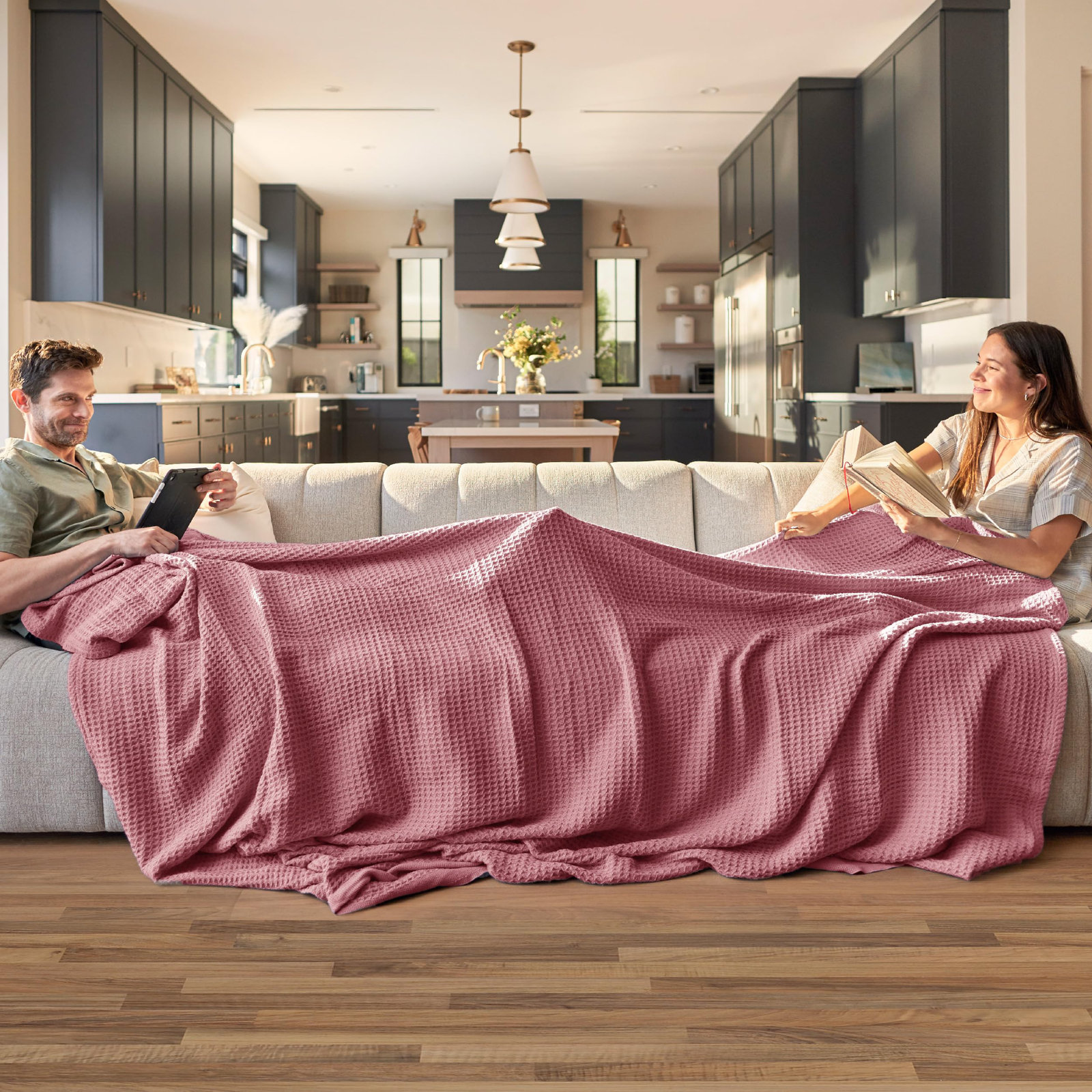 Bedsure Cotton Waffle Weave Throw Blanket, Twin XL, Dusty Rose
