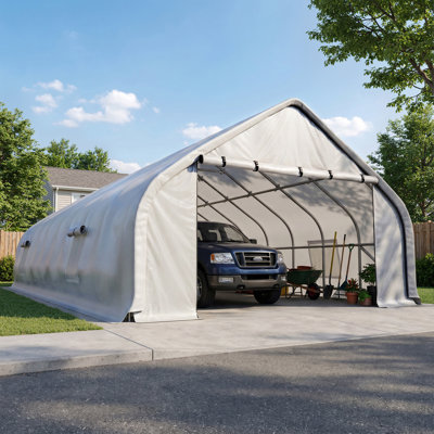 Auvent portatif robuste pour garage, toit en arc avec cadre en acier galvanisé et porte enroulable, argent