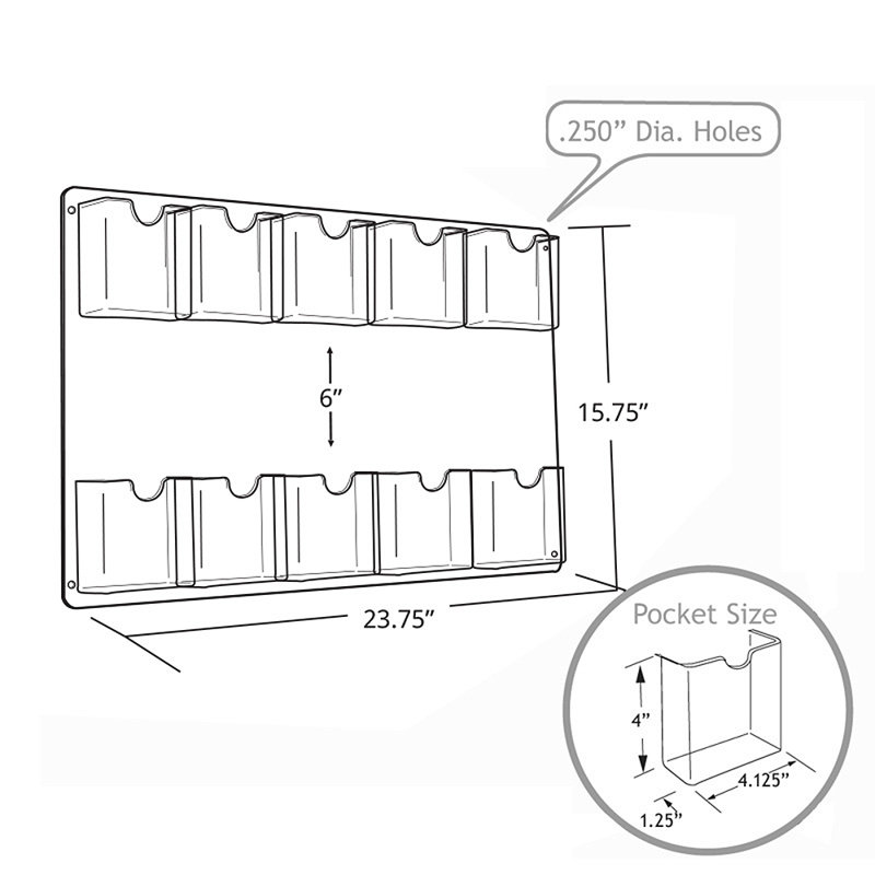 Ten Pocket Tri-Fold Wall Rack. Clear Acrylic Wall Mount Brochure Holder for Tri-Fold Size Pamphlets, Vertical Alignment, Overall Size: 23.75"W x 15.75"H, 2-Pack