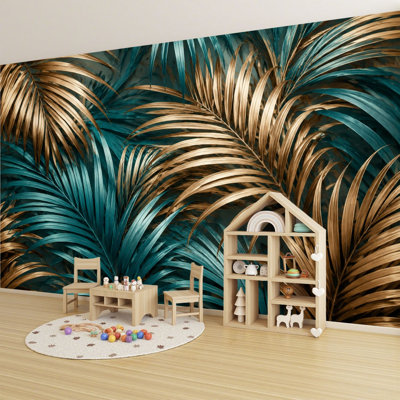 Peel and Stick Wallpaper 69" L x 96" W Modern Self Adhesive Wall Mural for Bedroom - With Golden Teal Tropical Palm Leaves Abstract Print