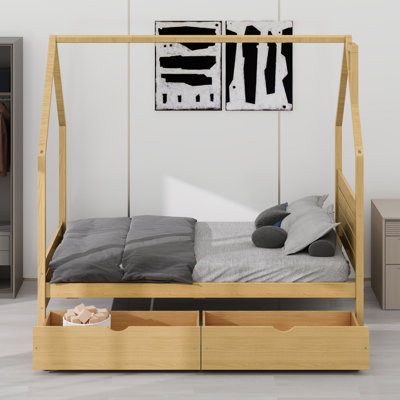 House Shaped Bed Frame for Kids, Built in 2 Storage Drawers and Headboard