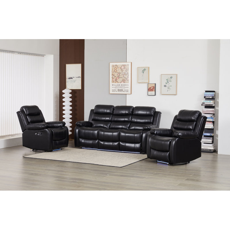 Ensemble de canapé inclinable manuel en similicuir avec lumières DEL - Siège de cinéma 3 pièces, Noir, noir, noir, noir