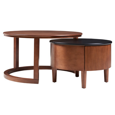 Vintage Round Nesting Coffee Table With Fluted Drawer, Black & Walnut Two - Tone Finish, 31.5'' Size, Space Saving And Versatile For Living Areas In Style, Table, Effortless To Clean