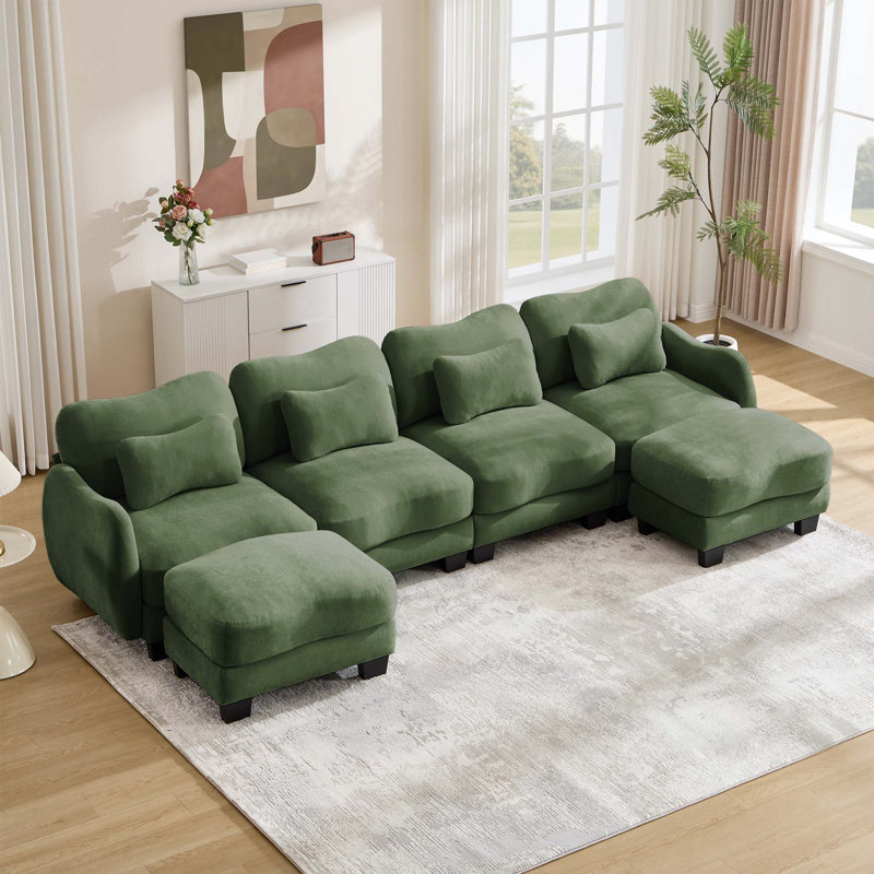 Canapé surdimensionné en U en chenille avec 4 coussins de taille exquise, canapé 4 places avec 2 repose-pieds mobiles