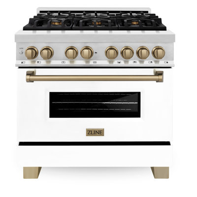 ZLINE Autograph Edition 36 po. 4,6 pi³ Cuisinière à gaz double avec cuisinière à gaz 6 brûleurs et four à convection électrique en acier inoxydable avec porte blanche mate et décorations bronze champagne Legacy