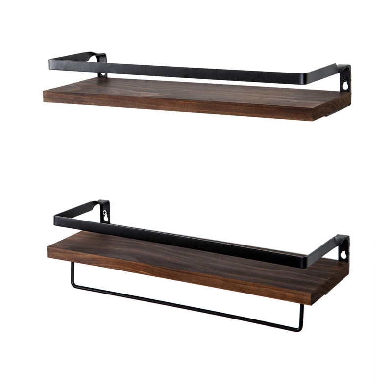 2 Piece Floating Shelf with Towel Bar, Rustic Brown