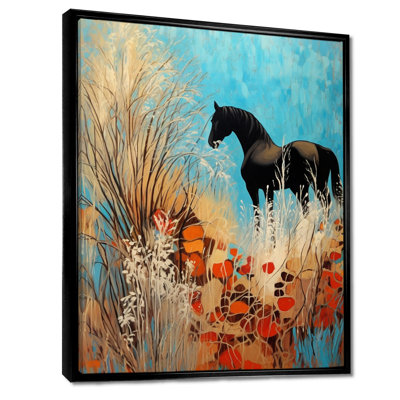 Cheval noir dans la forêt magique rétro - cheval, art mural, salon