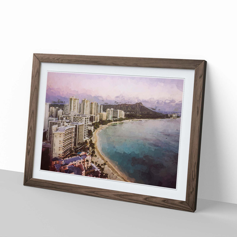 Dusk View of Waikiki Beach - Framed Print, 62cm H x 87cm W x 2cm D, Walnut Framed