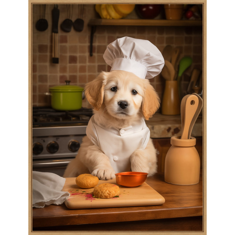 «Golden Retriever Puppy Chef» par Keili, reproduction d'art sur toile encadrée, H 42 po x l 32 po