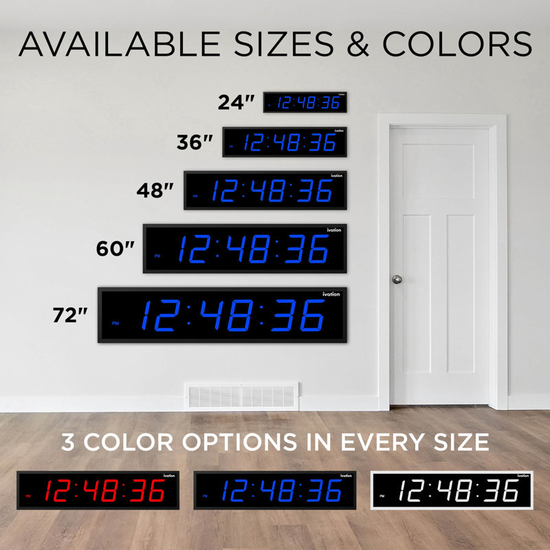 Digital Wall Clock, 8.75" H x 36" W x 1.75" D, Blue