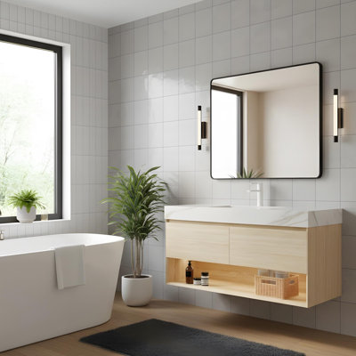 Meuble-lavabo flottant 48 po avec 2 tiroirs, tablette ouverte et lavabo en céramique