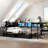 Corner Bed Frame With Bookcase And 2 Underbed Storage Drawers, Modern Reversible Daybed With Led Light And Charging Station-1144669619-1149995682