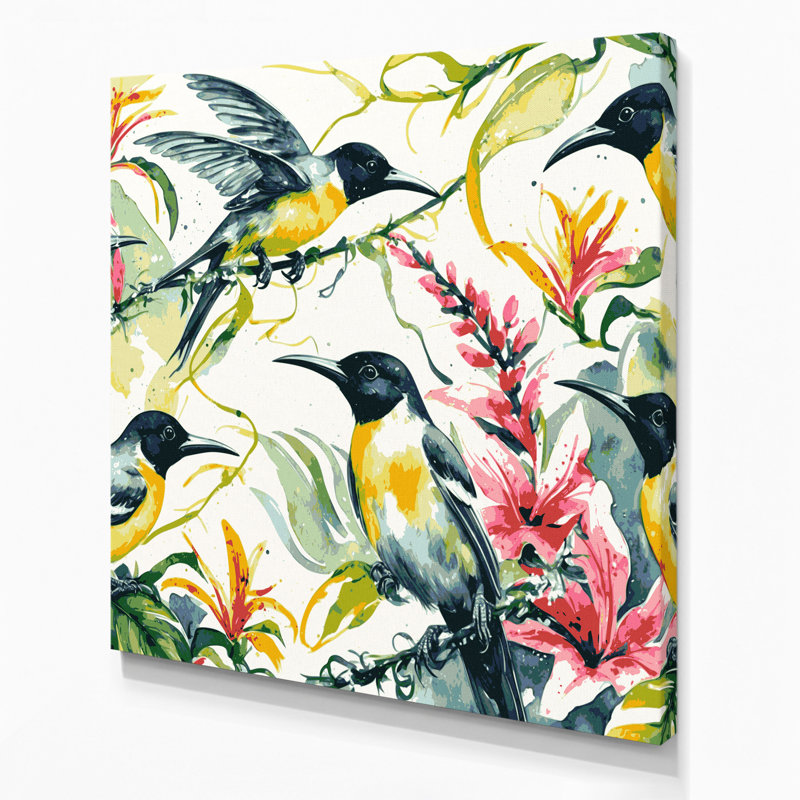 Oiseaux, art mural sur toile beige, H 12 po x l 12 po