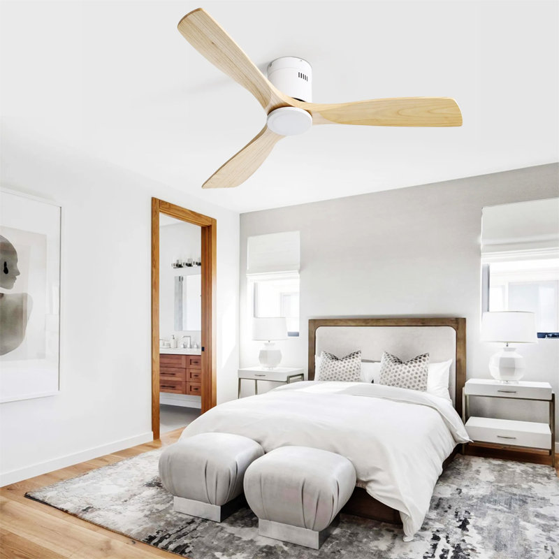 52 Inch Ceiling Fan Natural 3 Solid Wood Fan Blade Noiseless Reversible DC Motor Remote Control For Living Room