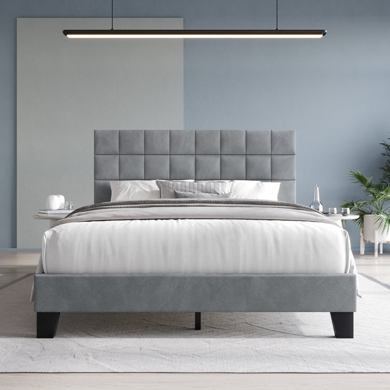 Cheneka Upholstered Unfinished Platform Bed, Full, Light Gray